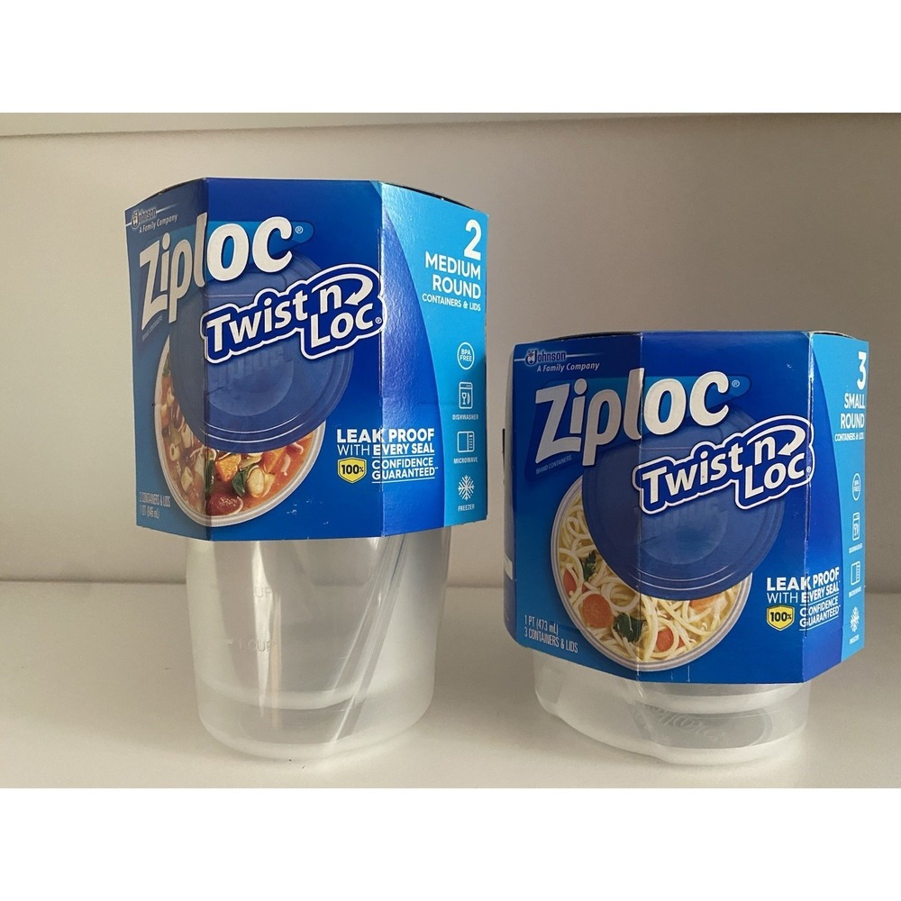 Ziploc Twist N Loc (2) Medium 1 Qt (3) Small 1 Pint Storage Containers NEW
